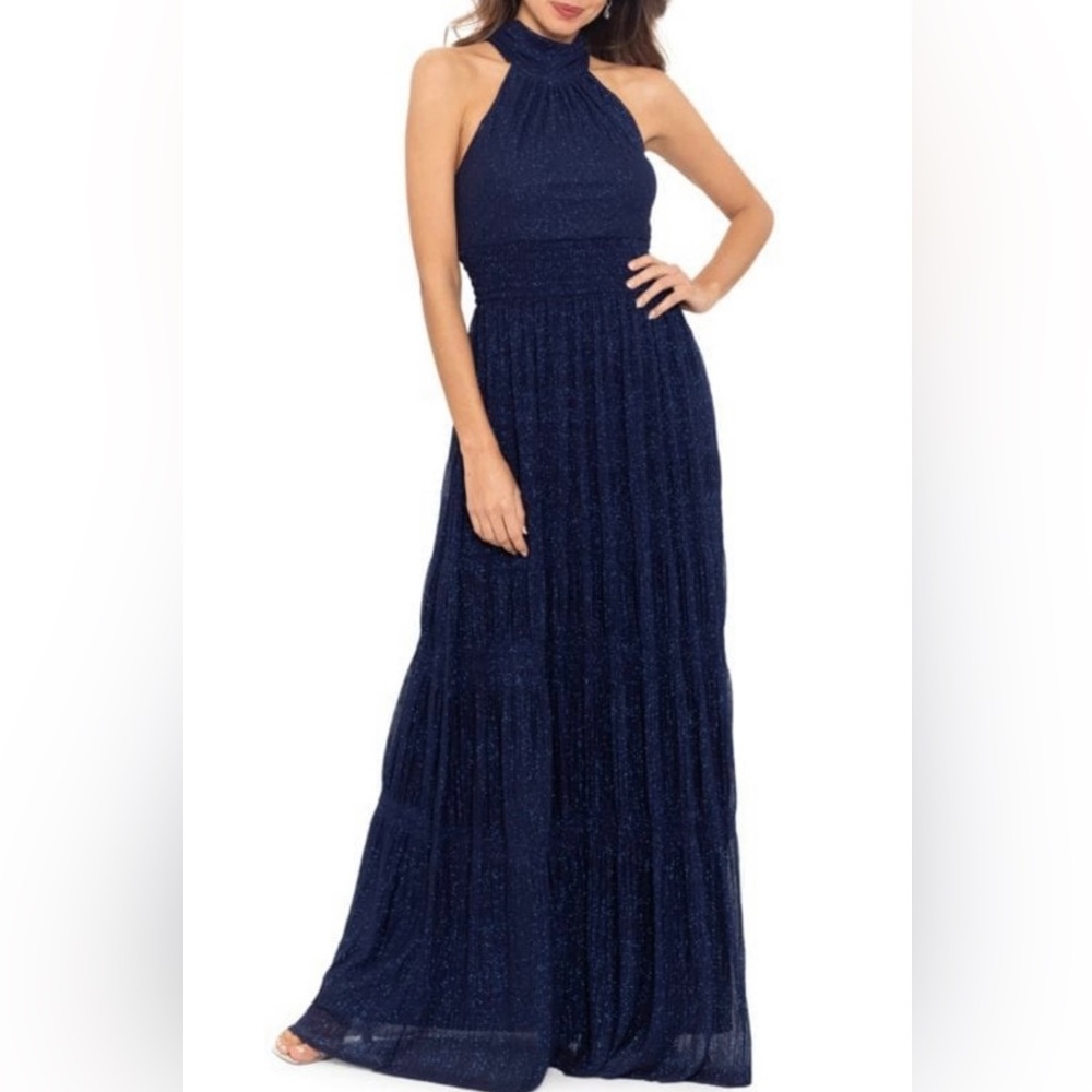 BETSY & ADAM
Mesh Glitter Halter Gown in Navy Size 12